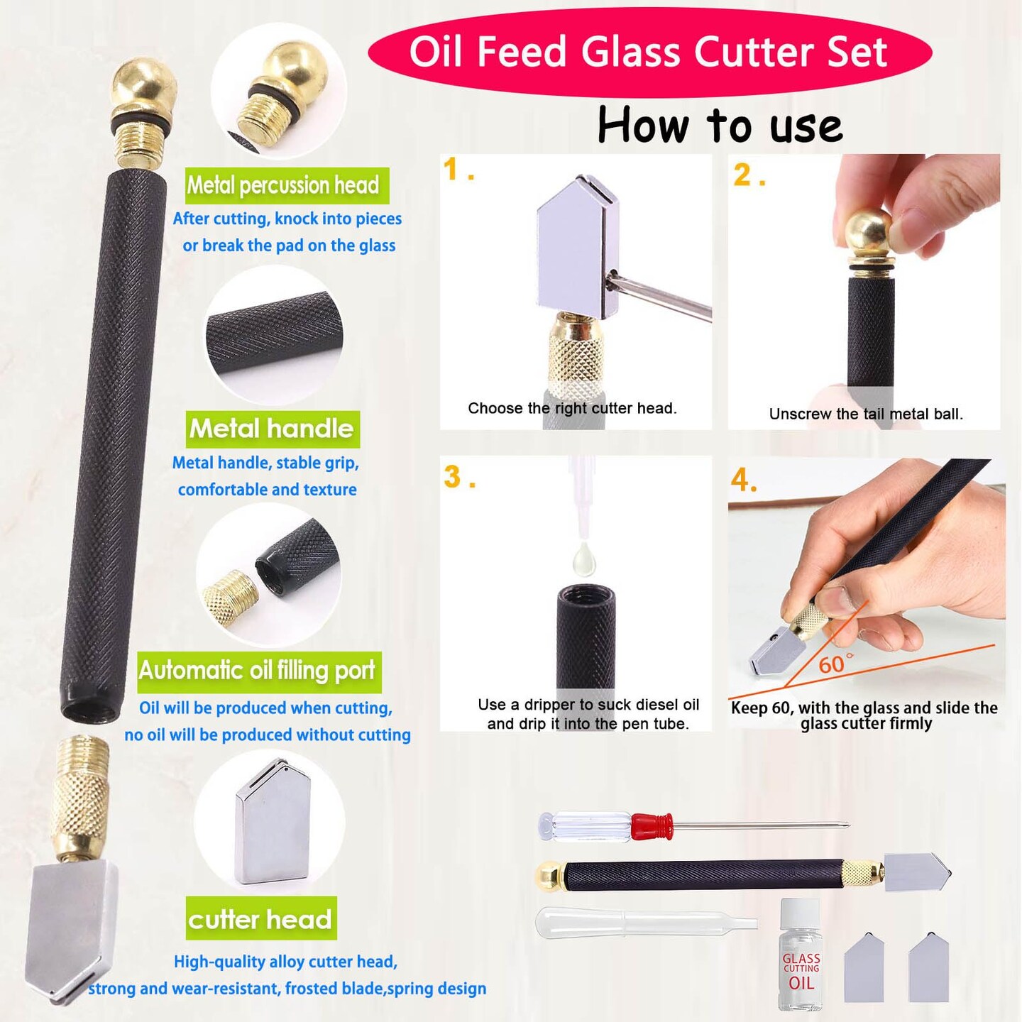 Glass Cutting Tool Set Kit, Glass Nipper,Glass Running Plier, Breaking Plier, Oil Feed Glass Cutter Set with Leather Zipper Bag for Stained Glass, Tiles, Mosaic, Mirrors,Bottle, Fusing, Breaking