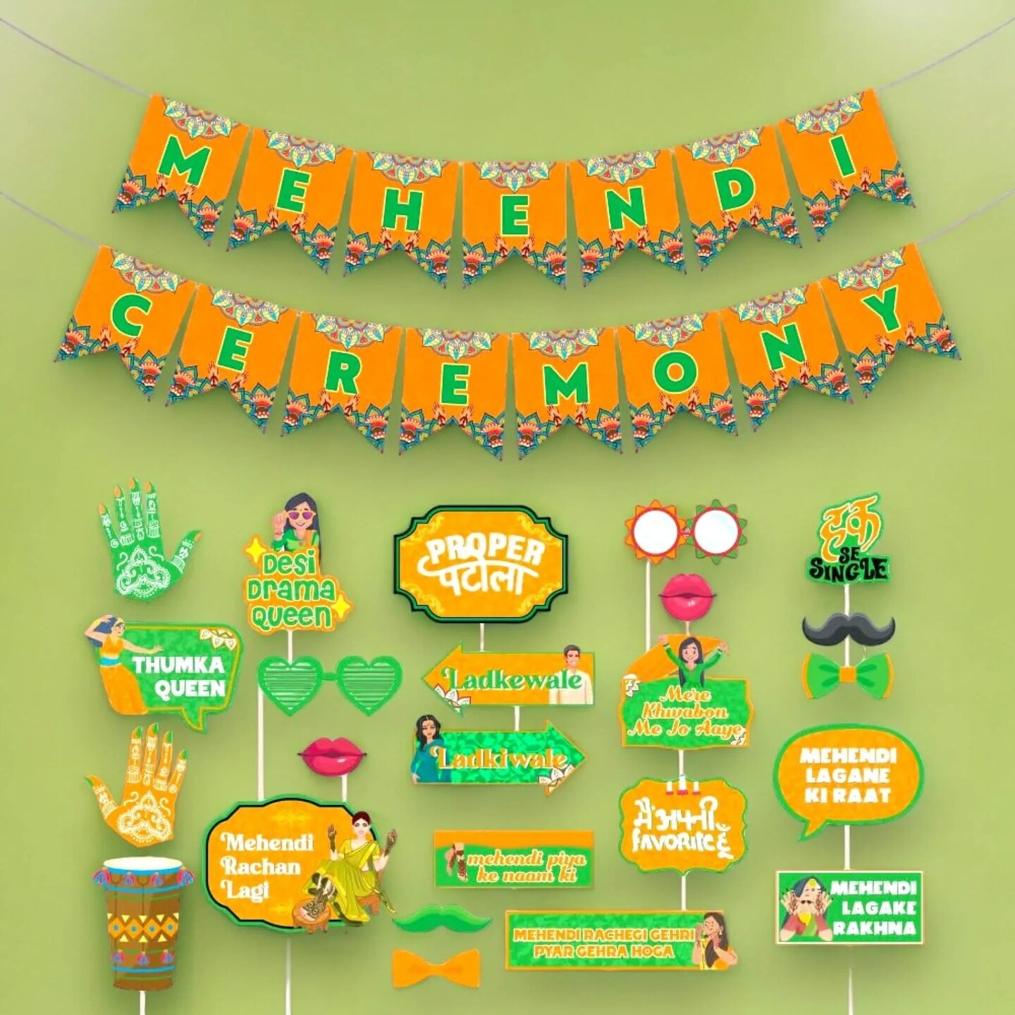 24 Pcs Mehendi Photo Booth Party Props & 1 Pcs Mehndi Ceremony Banner Wedding Photoshoot Mehandi Decoration Marriage Props for Bride and Family