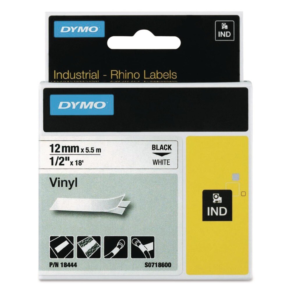 DYMO 0.5 in. x 18 ft. Rhino Permanent Vinyl Industrial Label Tape - White/Black Print