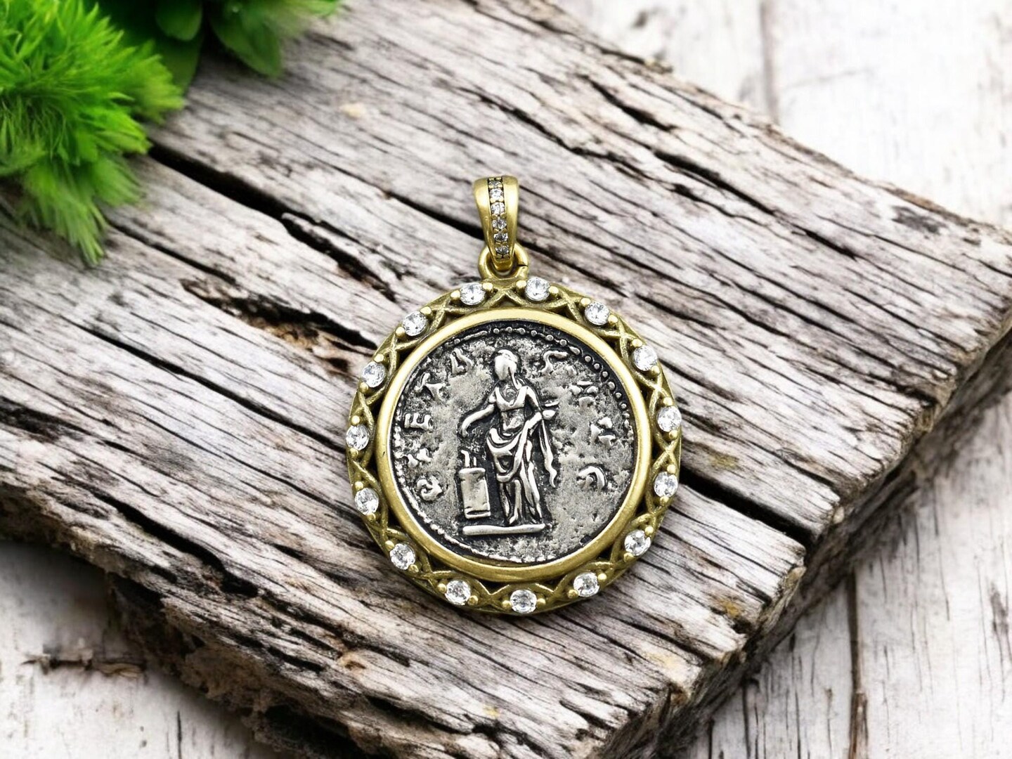 29x26mm 18k Gold Plated Brass Micro Pave Cubic Zirconia Greek Coin Pendant
