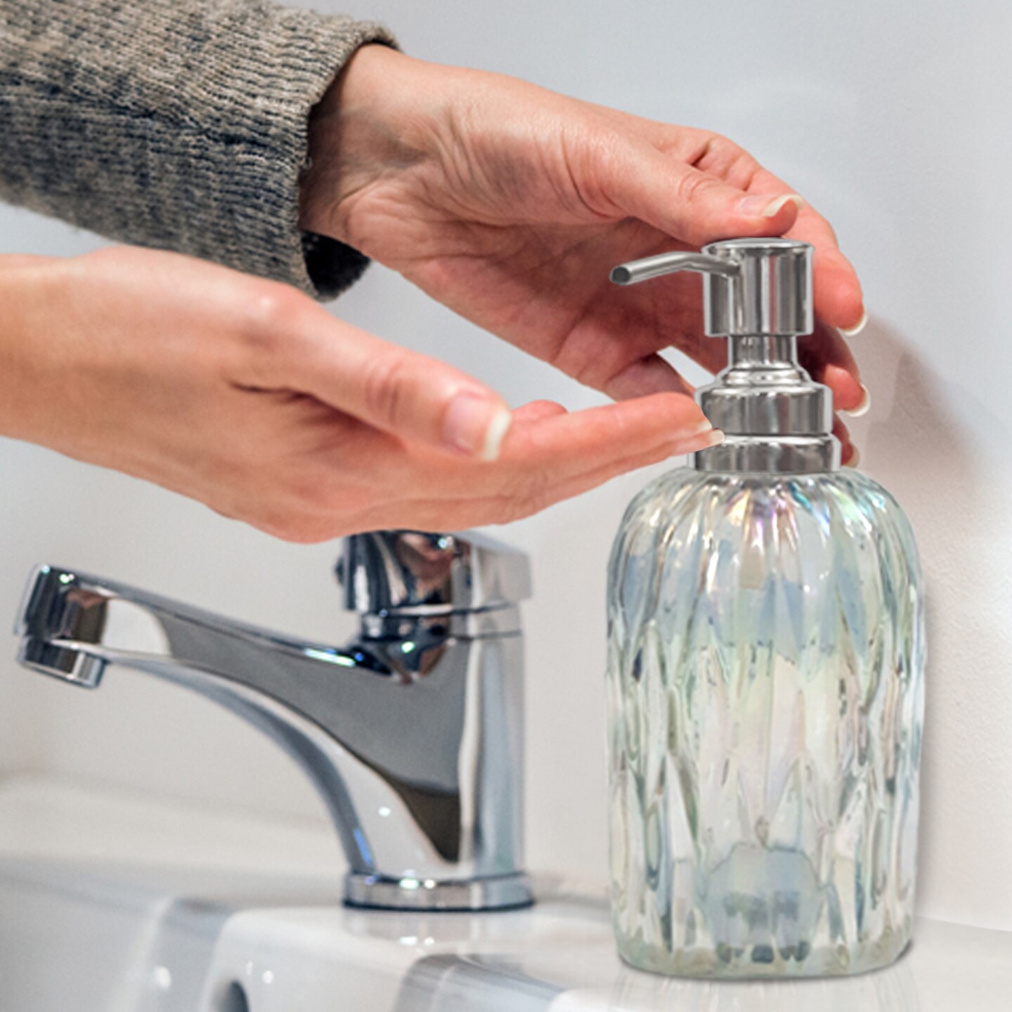 Glass Liquid Soap Dispenser Pump Bottle | Bathroom & Kitchen | Holds Soap, Lotion & Sanitizer | Rainbow Lustre