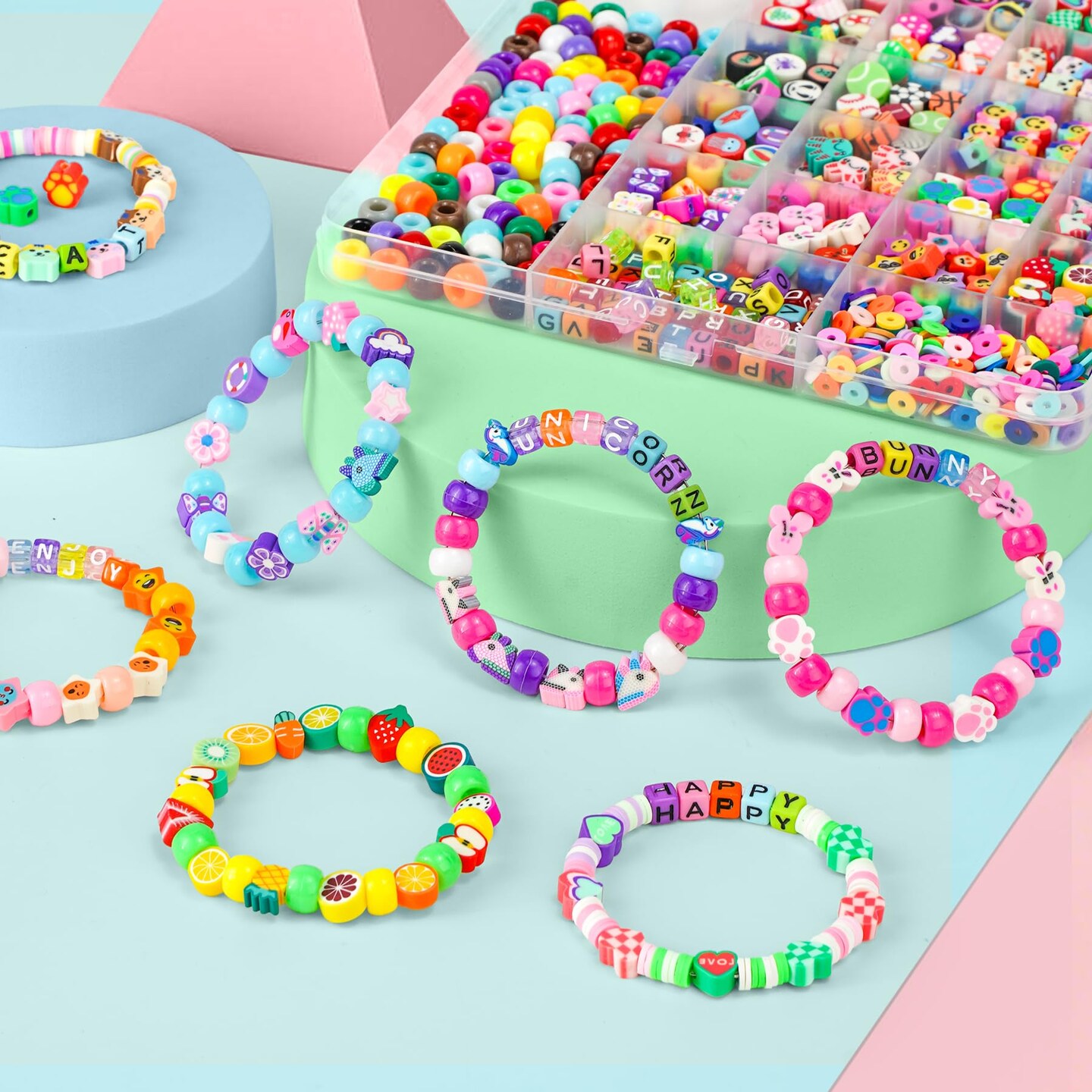 1200 Pcs Polymer Clay Beads Bracelet Making Kit, 25 Style Animal Fruit Flower Butterfly Bunny Pony Letter Beads Charms for Jewelry Making, DIY Art and Crafts Toys Gifts for 4+ Year Old Kids