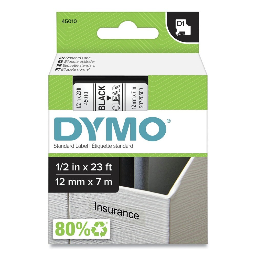 DYMO 0.5 in. x 23 ft. D1 High-Performance Polyester Removable Label Tape - Black on Clear