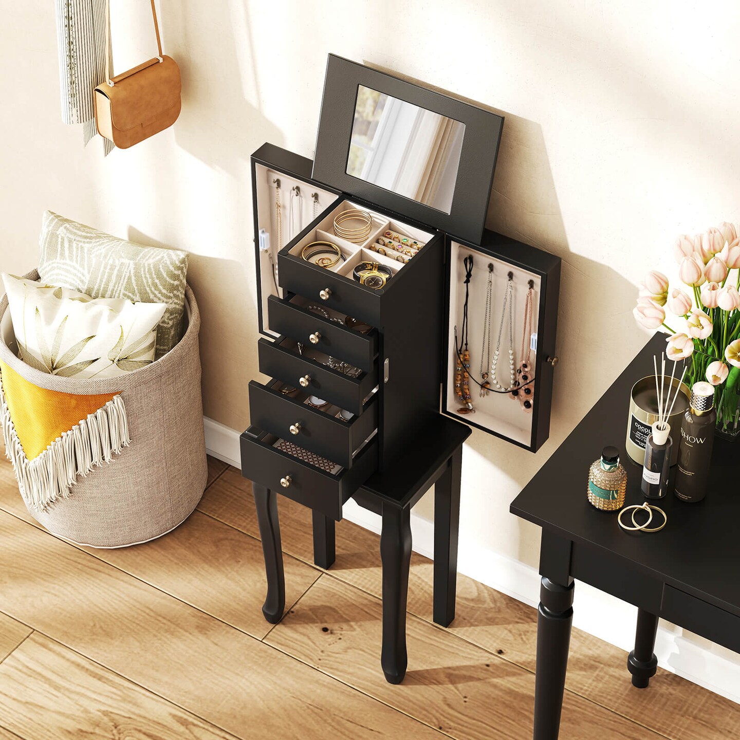 Costway Jewelry Cabinet Storage Chest Standing Organizer Mirror White Black