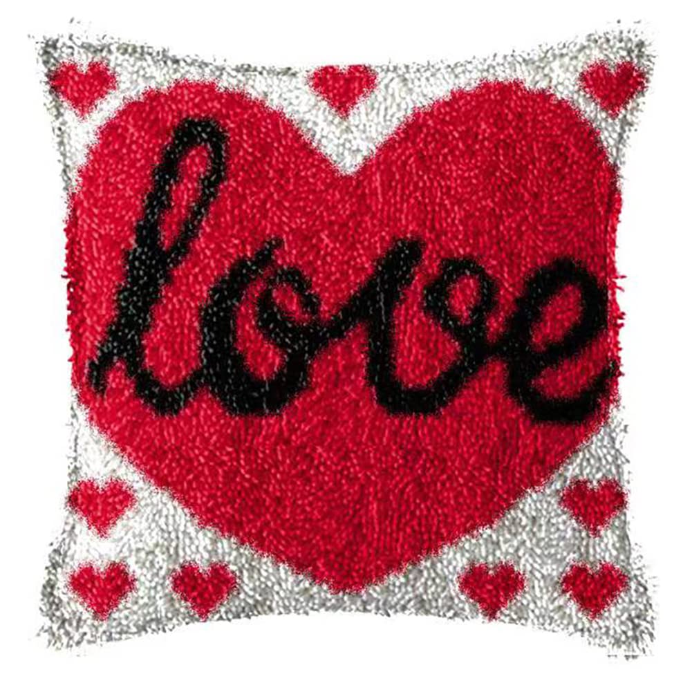 Latch Hook Kits for Adults Kids DIY Love Pillow Cover Beginner Cross Stitch Kits with Preprinted Canvas Crochet Yarn Kits Creative Hand Craft Home Decoration 17'' X 17''