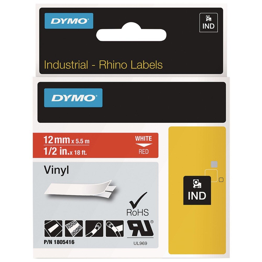 DYMO Rhino 0.5 in. x 18 ft. Permanent Vinyl Industrial Label Tape - Red/White Print (1-Roll)