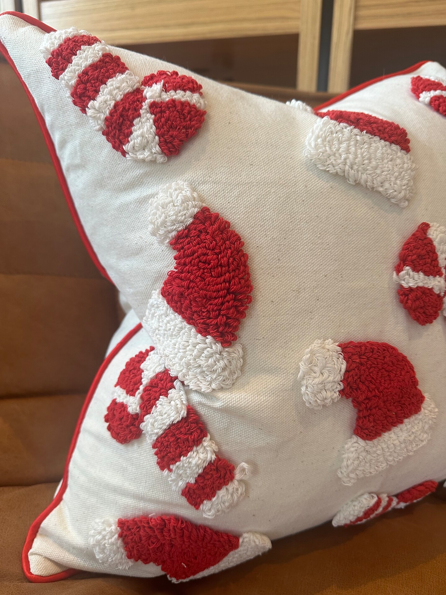 Candy Cane Christmas Pillow Cover with Santa Hat Design | Festive Holiday Throw Pillow | 18” Square