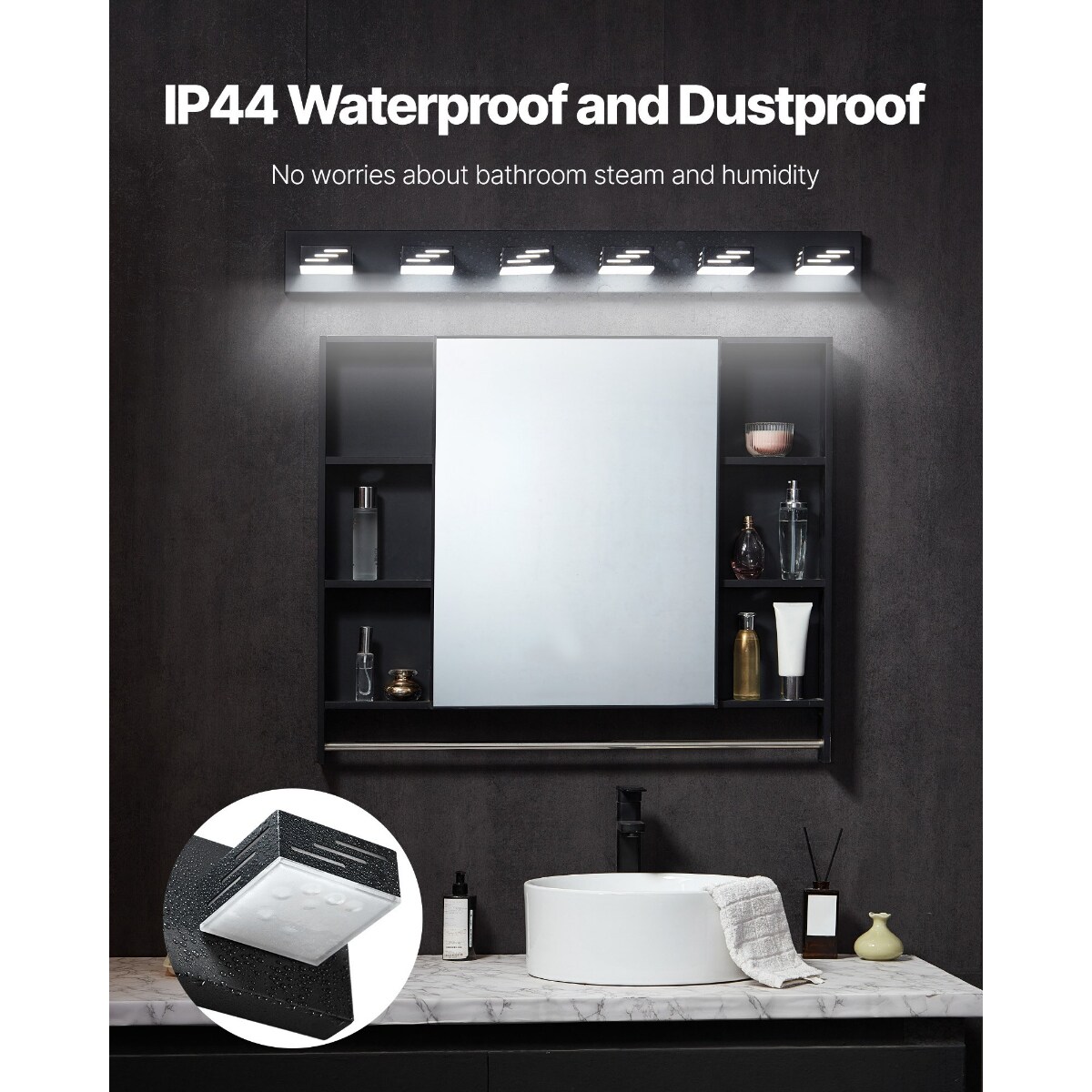 6-Light Black LED Bathroom Vanity Light Fixture, 48W Modern Waterproof Wall Sconce with 360° Rotatable Heads
