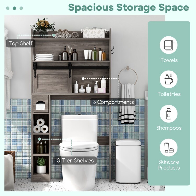Over-the-Toilet Storage Cabinet with Sliding Barn Door and Adjustable Shelves