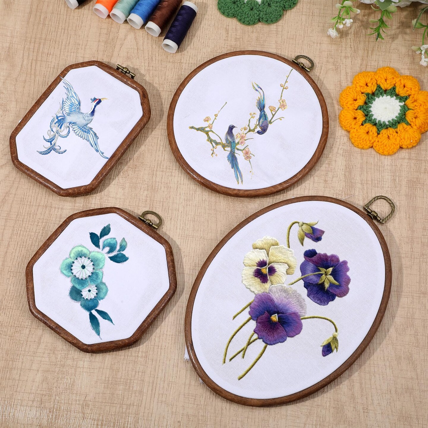 10 Pcs Large Embroidery Hoop Frame, Decorative Imitated Wood Embroidery Hoops, Circle Oval Octagonal Cross Stitch Hoop, Display Frame for Art Craft DIY Sewing Hanging Ornaments Decor