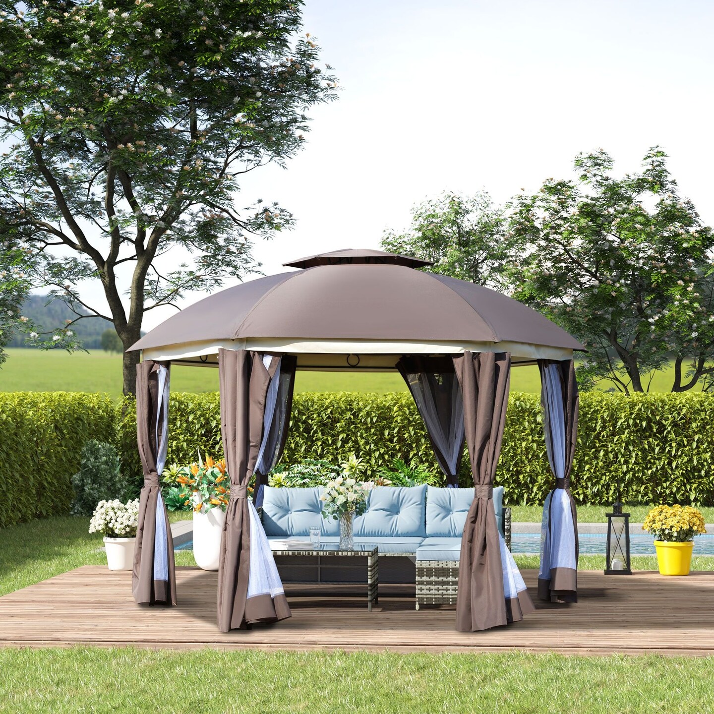Edge Collections -12' x 9.1'-Brown-Stylish Outdoor Gazebo with Double Roof and Privacy Curtains-1 pcs