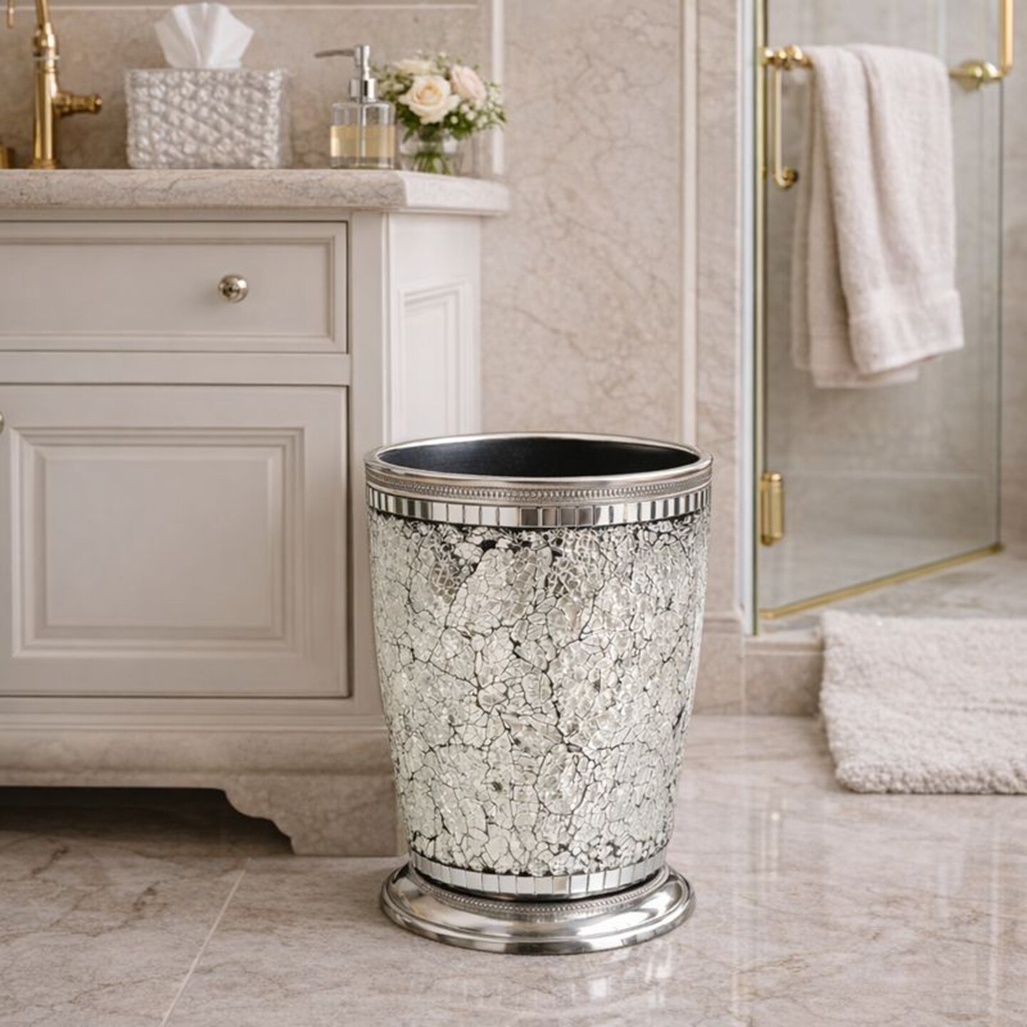 Stainless Steel Ice Mosaic Wastebasket | 7QT | Sleek & Durable Trash Can