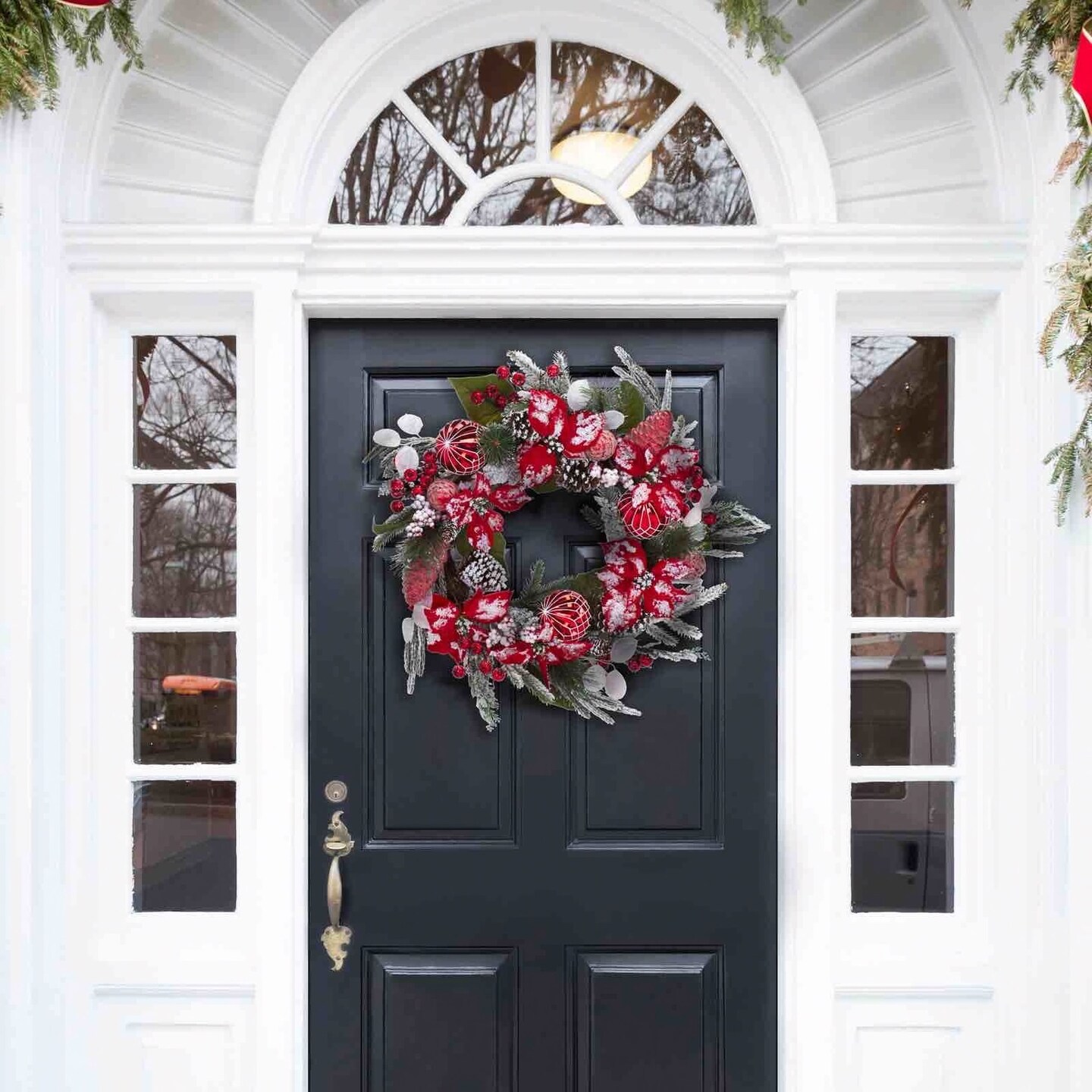 Faux 28" Snowy Green Needle Pine Wreath W/Red Poinsettas And Ornaments