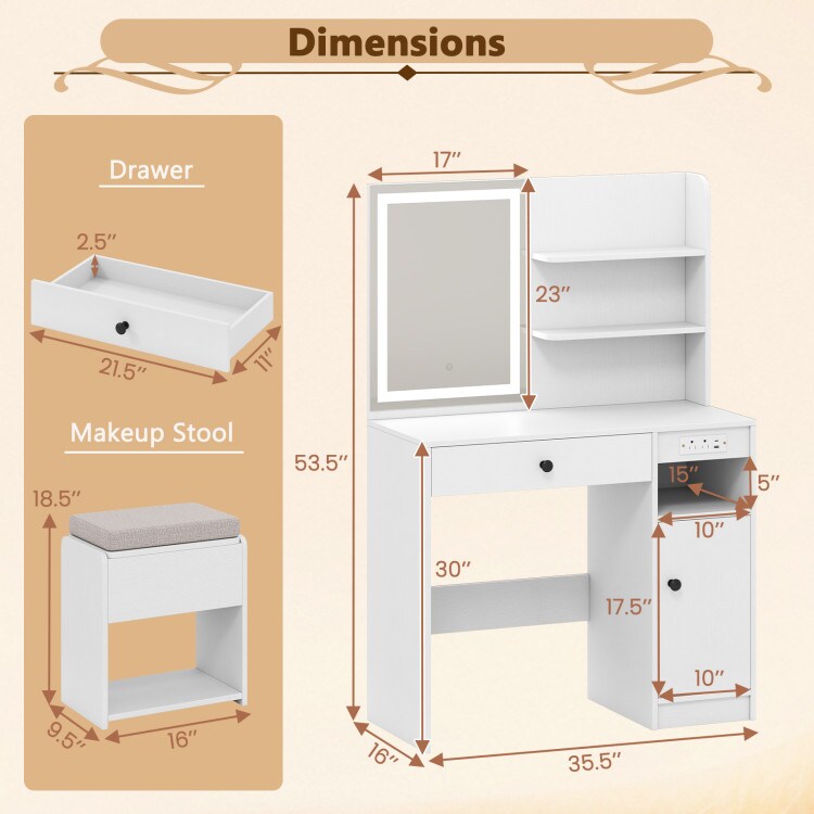 Vanity Desk with LED Lights, Adjustable Brightness, Drawer, and Stool