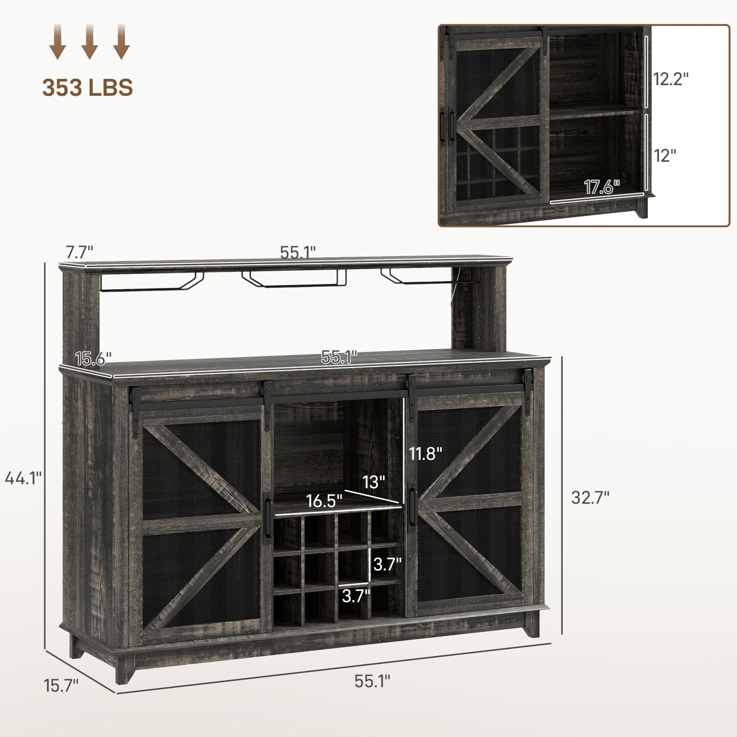 Edge Collections – 55" – Coffee Bar Cabinet with LED Lights Farmhouse Wine Cabinet with Racks (Brown) – 1 Piece