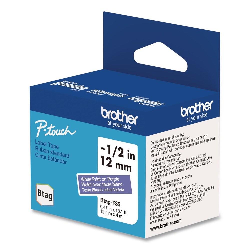 Brother P-Touch 0.47 in. x 13.1 ft. Genuine P-Touch BTAG Label Tapes - White on Purple
