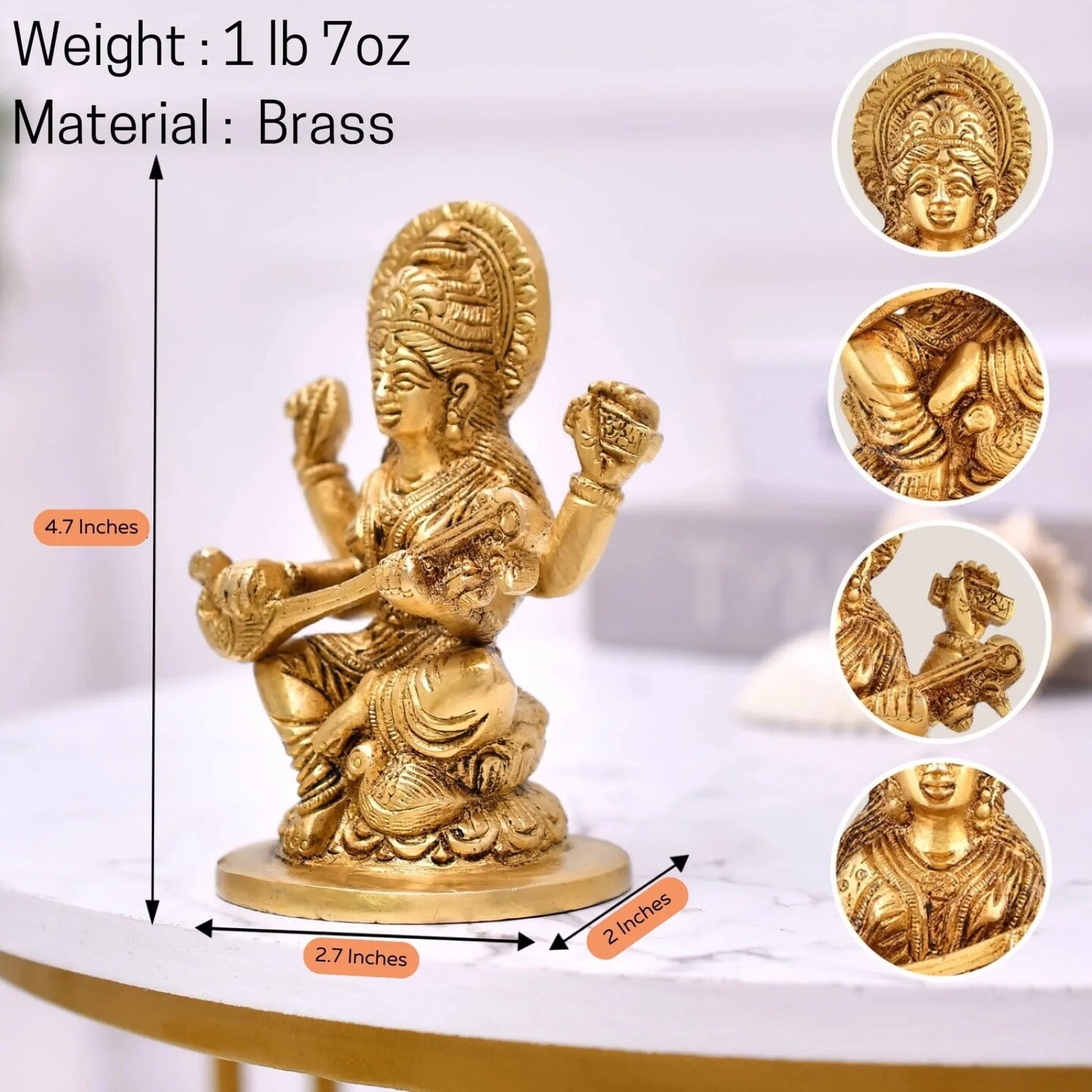 Brass Saraswati Statue Hindu Goddess of Knowledge Religious Beautiful Sitting on Lotus Saraswati Idol Sculpture for Basant Panchmi Home Temple Mandir Decor - Teacher’s Day Gift