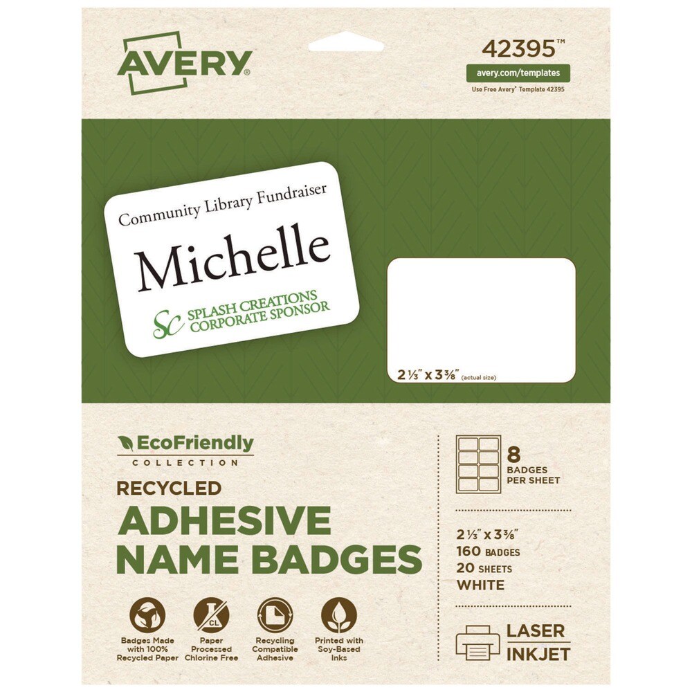 Avery 3.38 in. x 2.33 in. EcoFriendly Adhesive Name Badge Labels - White (160/Box)