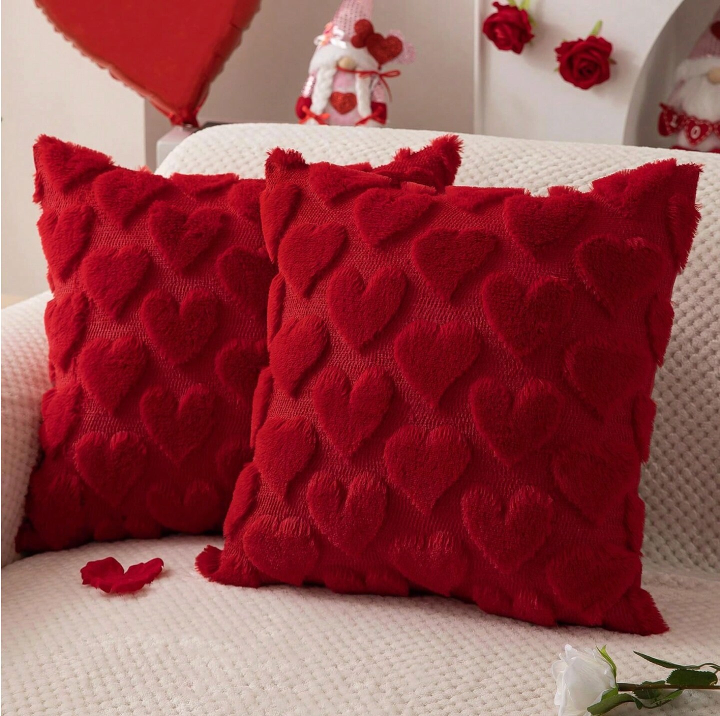 Set of 2 Valentine's Day Pillow Covers - 18x18 Inch Red Heart Plush Faux Fur Jacquard Throw Pillows for Sofa & Bedroom Decor