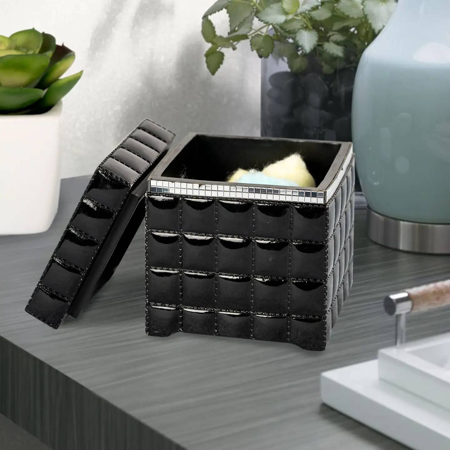 Black Vanity Jar | Stylish Storage for Cotton Swabs,Rounds,Balls,Sponges & Bath Salts | Decorative Canister for Bathroom, Bedroom | Resin