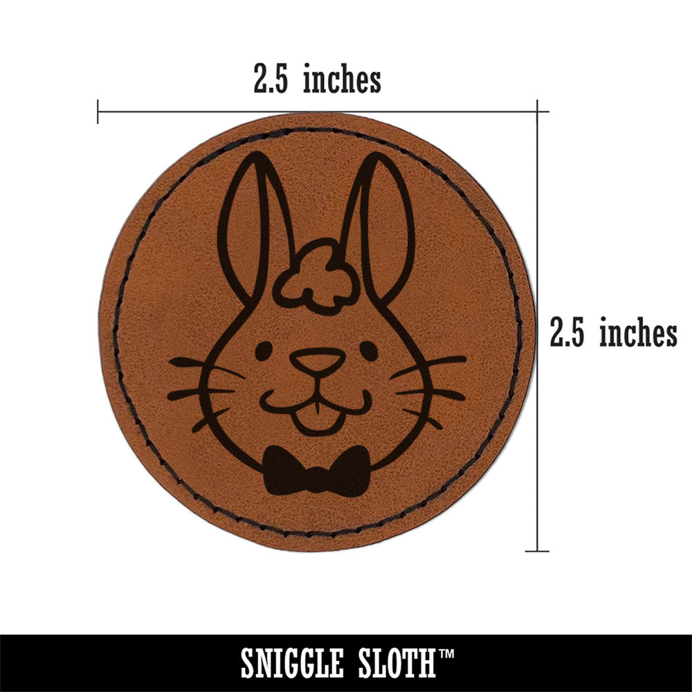 Adorable Cartoon Easter Bunny Head Rabbit Bow Tie Round Iron-On Engraved Faux Leather Patch Applique - 2.5 Inch