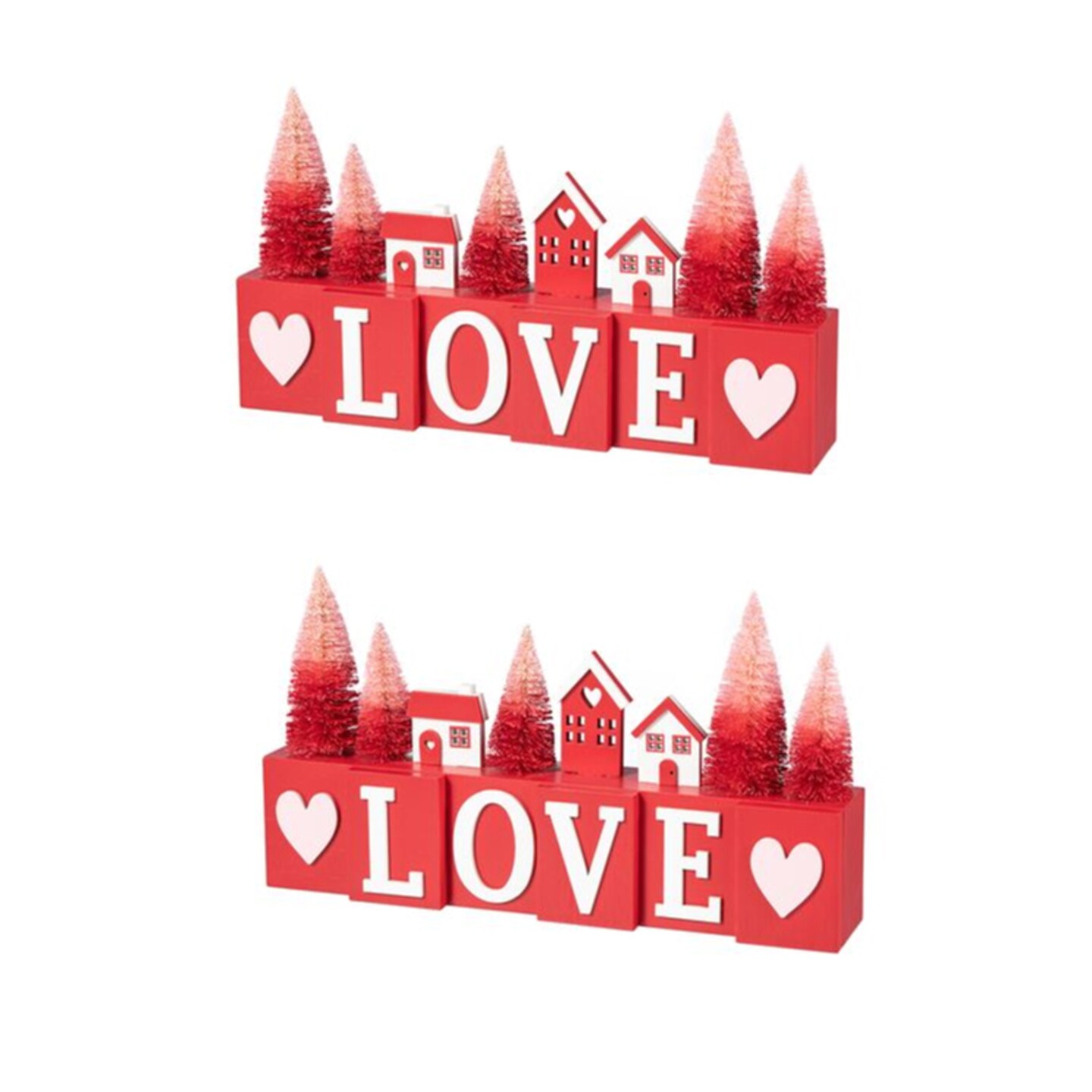 Set of 2 14"L Valentine's Wooden House/Brush Trees LOVE Table Decor