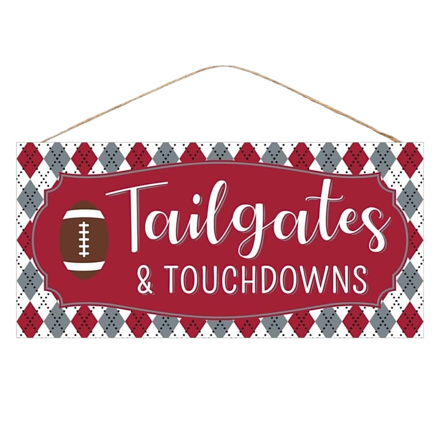 Football Tailgates and Touchdowns Sports Sign, MDF Wood - Crimson Red, White, Grey, Multi, 12.5"L x 6"H - For Wreath Accents, Crafts, and Decorations