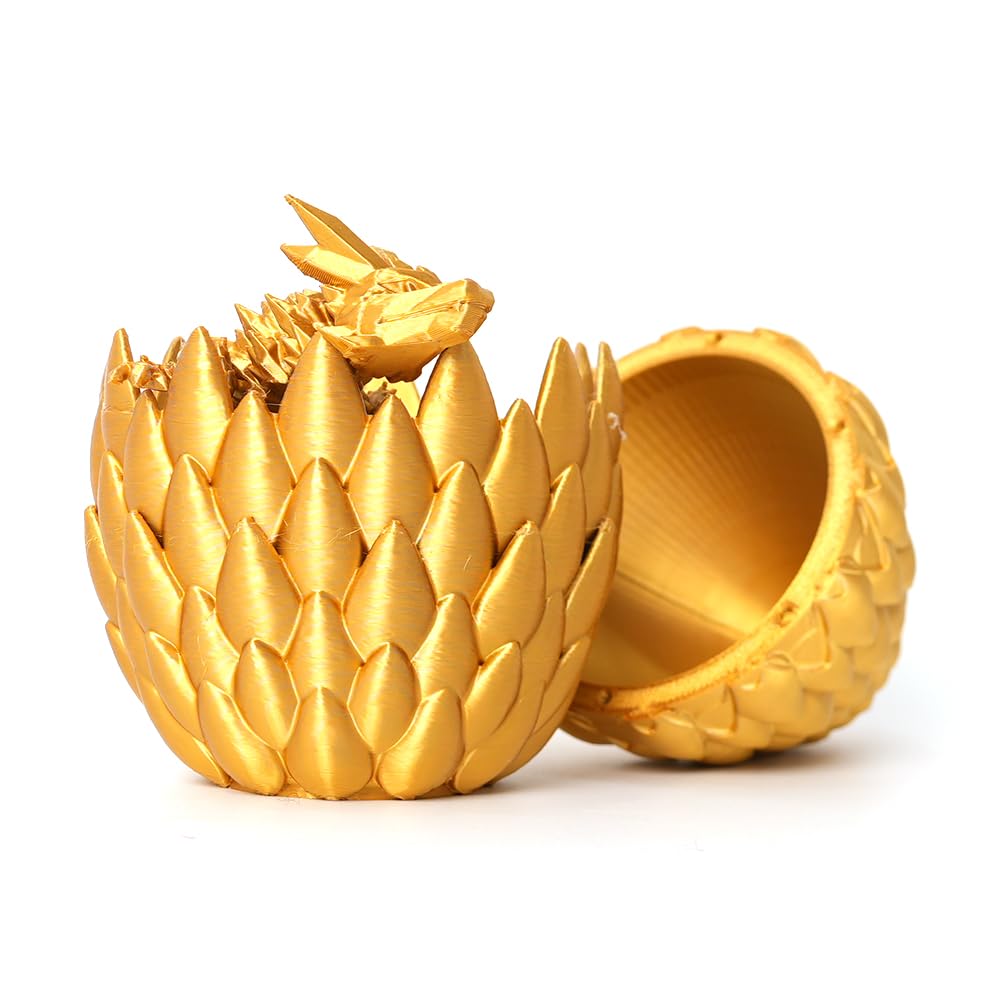 3D Printed Dragon Egg - Gold - Surprise Egg with 12" Flexible Crystal Dragon Inside, Mythical 3D Printed Gift Toy, Desk Executive Pet, Figurine Decor for Christmas, Birthday, Easter