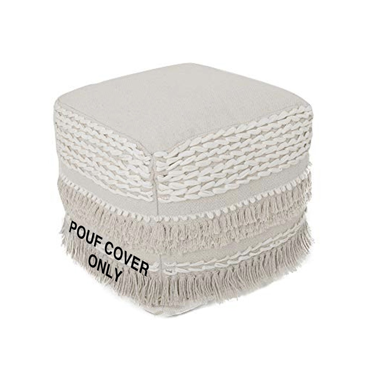 Edge Collections-White-Handcrafted Boho Pouf Ottoman Cover for Versatile Seating-1 pcs