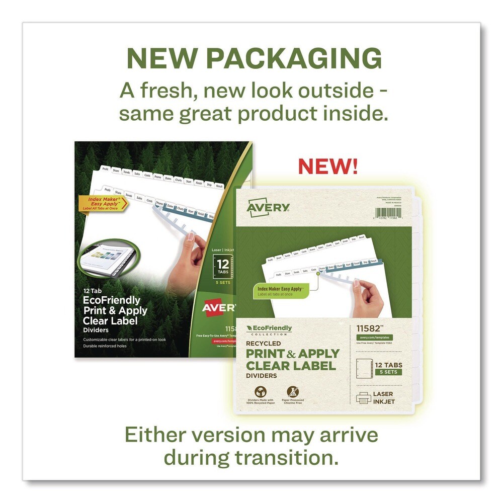 Avery 11 in. x 8.5 in. 12-Tab Index Maker EcoFriendly Print and Apply Clear Label Dividers - White (5 Sets/Pack)