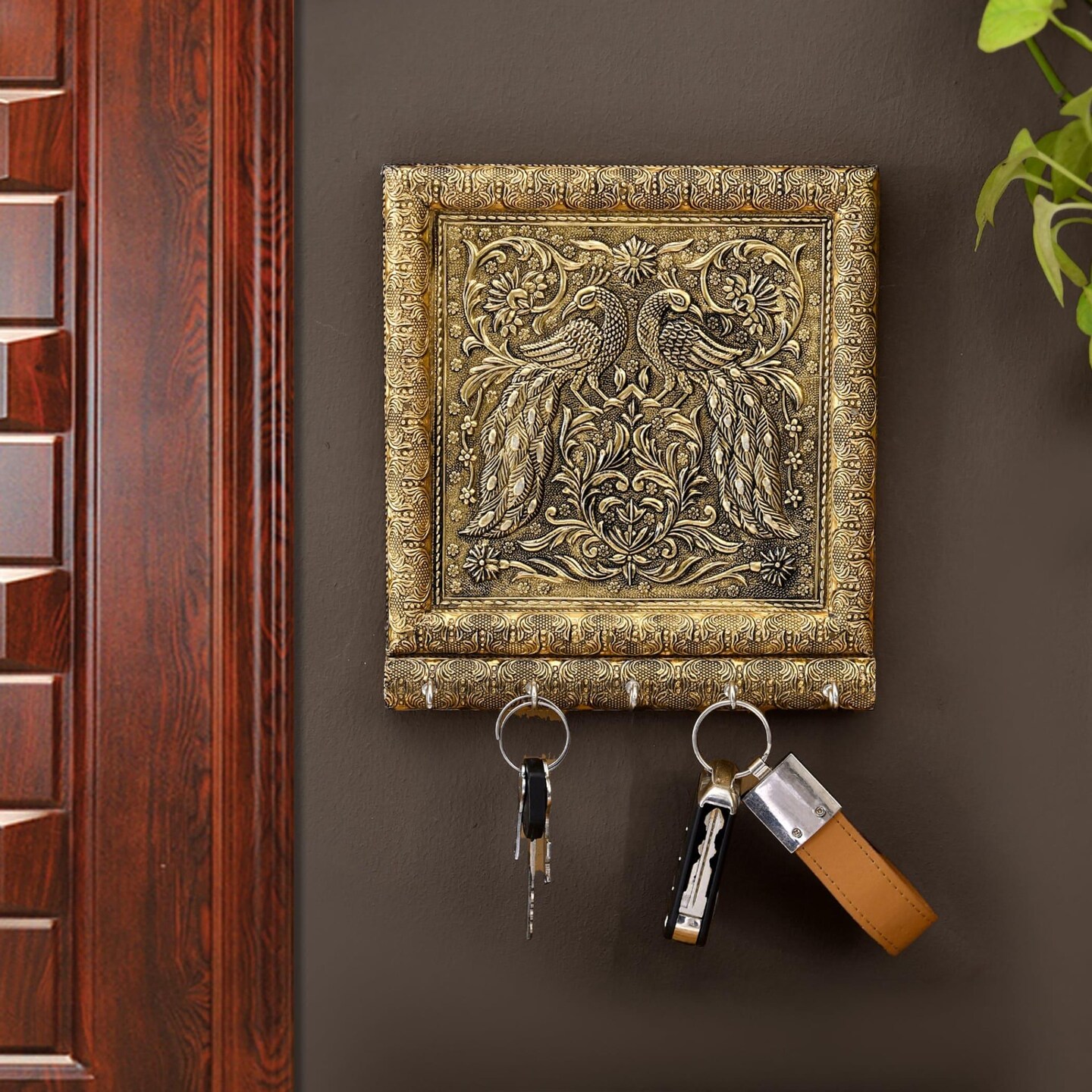 Peacock Design Frame Wall Key Holder for Wall Decorative, Hand Crafted Wall Hooks for Hanging Stylish Key Stand Home Office Decor Housewarming Gift 5 Hooks (pack of 1)