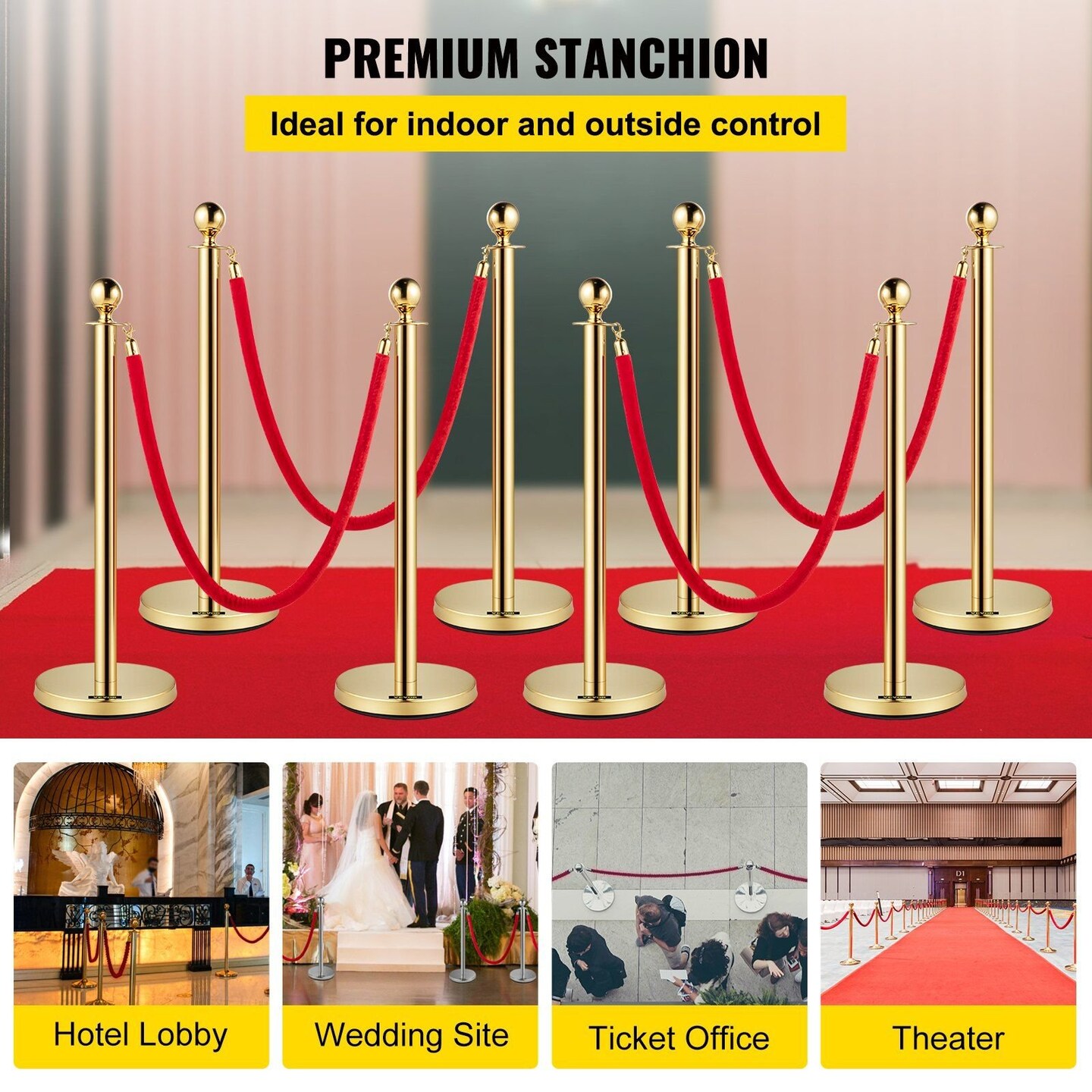 Edge Collections- 35.4" x 15.75"-Gold-Elegant Crowd Control Stanchion Set with Velvet Rope- 8 Pieces