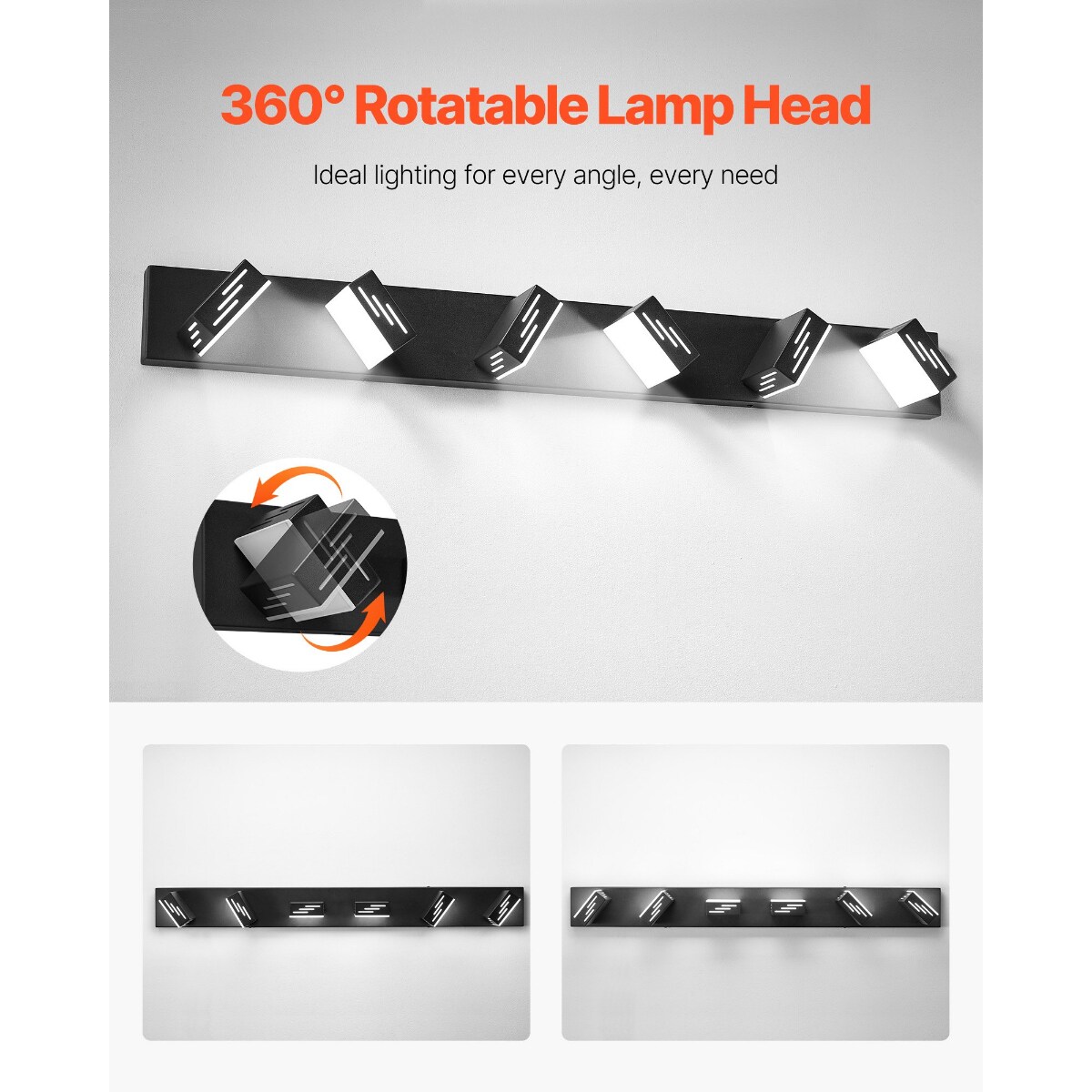 6-Light Black LED Bathroom Vanity Light Fixture, 48W Modern Waterproof Wall Sconce with 360° Rotatable Heads