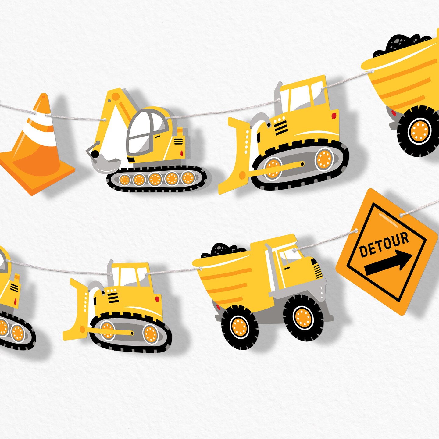 Big Dot of Happiness Construction Party Garland Banner, Construction Truck Banner, 30 Ft of Cord 15 Double-Sided Trucks, Excavators, Bulldozers, Cones