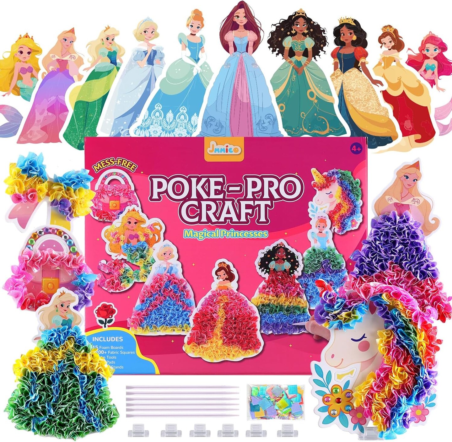 JMMICO Poke in Pro Art Kits for Girls, Poke Art for Kids Ages 4-8, 10 PCS Princesses & 5 PCS Decors, No Mess DIY Princesses Craft, Holiday Gifts for Kids