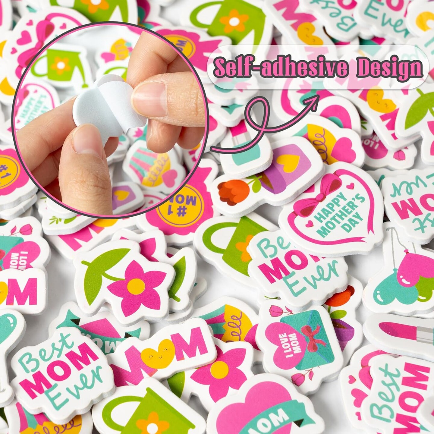 Mother’s Day Cartoon Foam Sticker - Haooryx 300pcs Happy Mother’s Day Foam Stickers Flower Pink Heart-Shape Self Adhesive EVA Stickers I Love Mom 3D Puffy Sticker for Giftwrap Card Envelope Decor