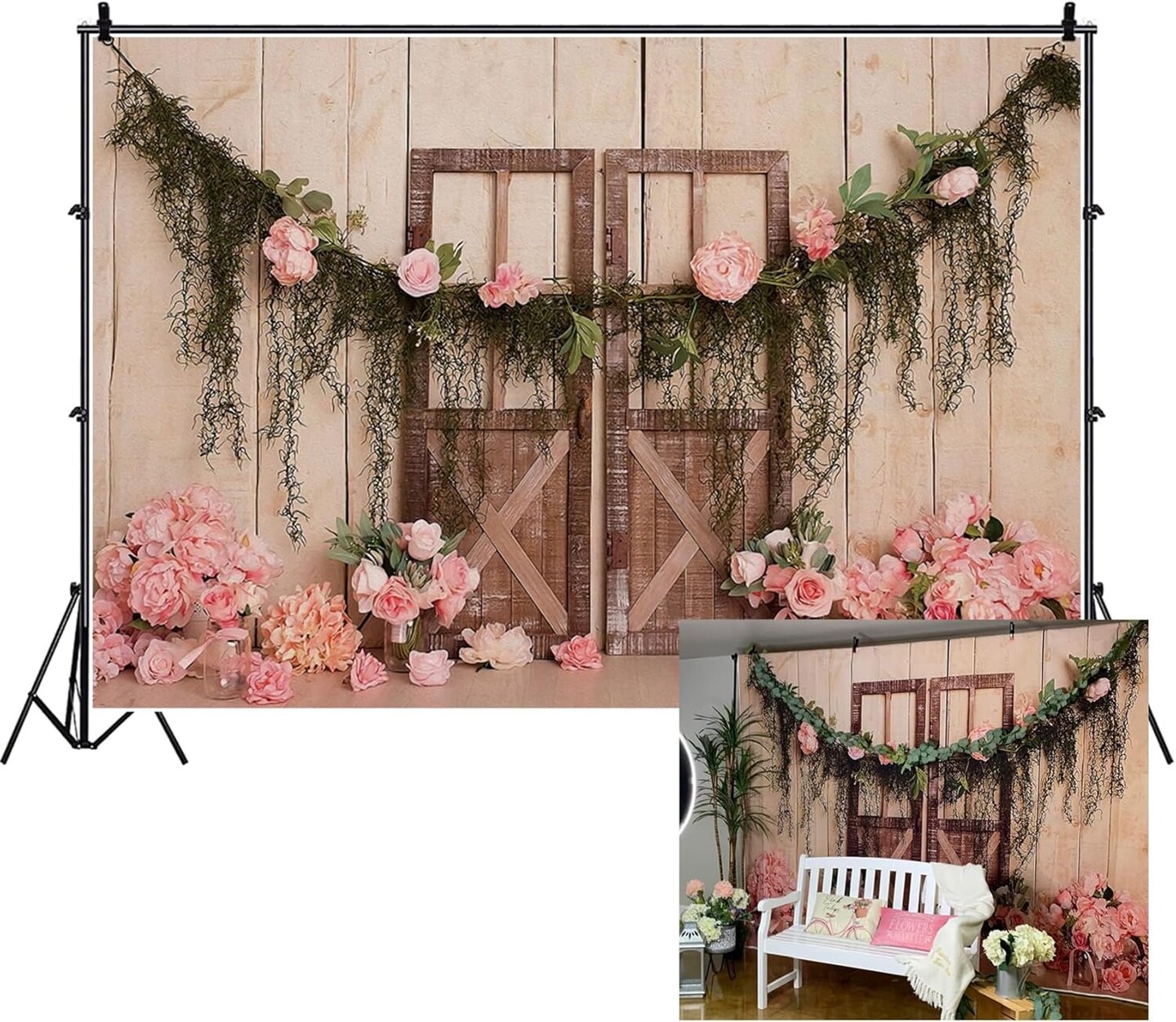 10x6.5ft Wedding Backdrop Rustic Pink Rose Flowers