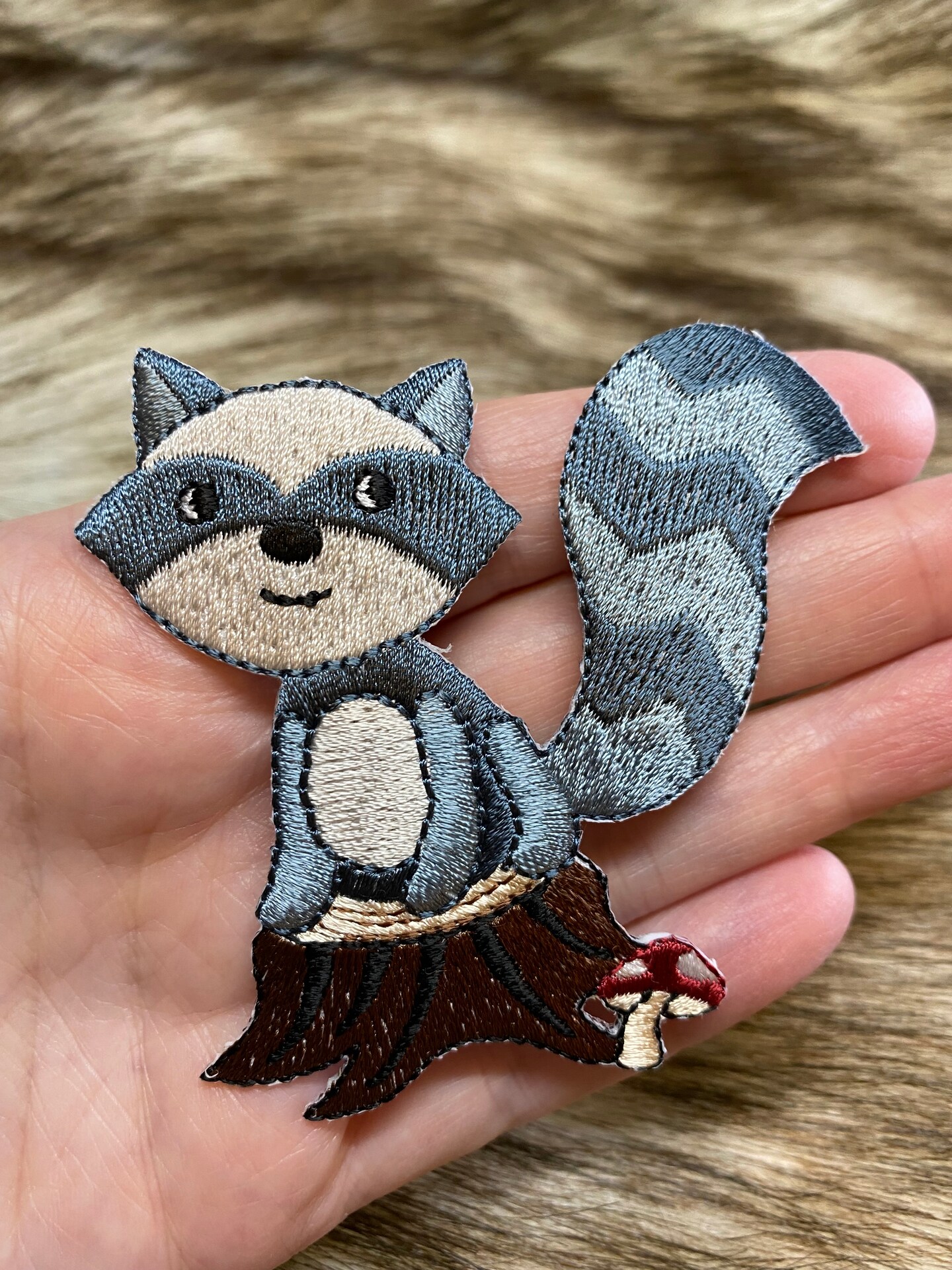 Raccoon on Tree Stump, Woodland Animals, Embroidered, Iron on Patch