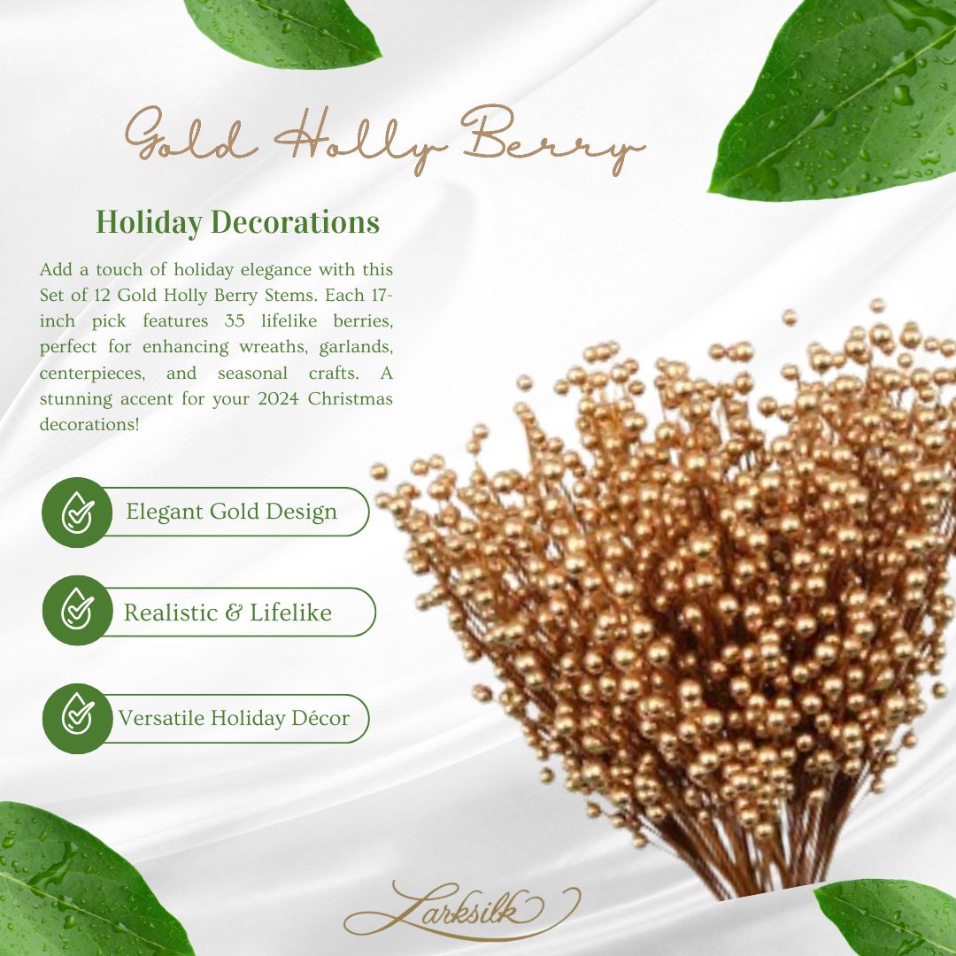 Set of 12 Gold Holly Berry Stems for Christmas Decorations - 17-Inch Picks with 35 Lifelike Berries for Wreaths, Garlands, and Crafts | 2024 Christmas Collection, Floral Home by Artificial Flowers