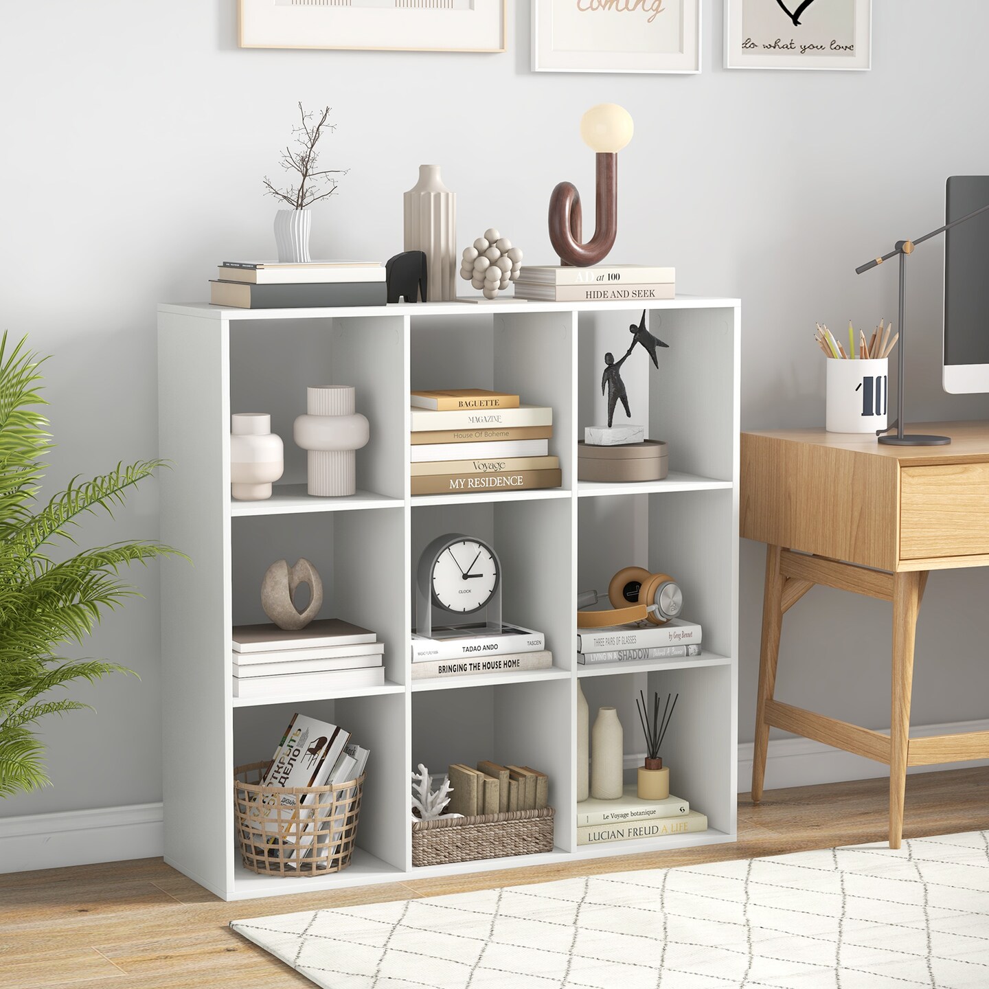 White 9 Storage Cube Bookshelf with Back Guardrail for Living Room or Bedroom