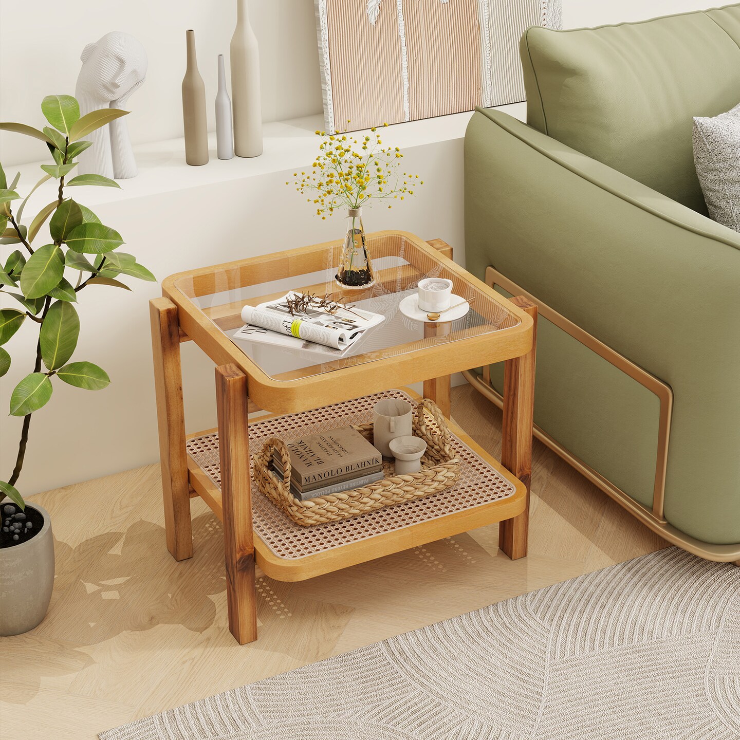 Rattan 2-Tier End Side Table with Tempered Glass Top Acacia Wood Legs-Natural