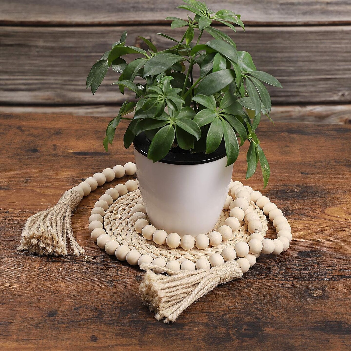 Wood Bead Garland Farmhouse Rustic Country Beads Holiday Decoration Wall Hanging Prayer Bead