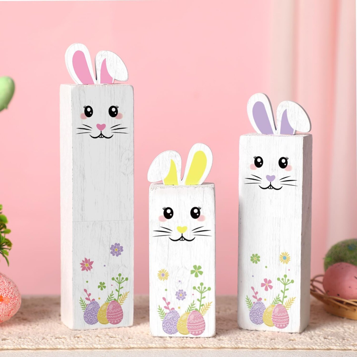 3 Pcs Spring Wooden Table Decor Easter Tiered Tray Decor Easter Bunny Tabletop