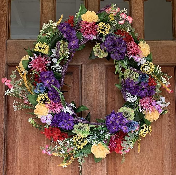 Spring Front Door Wreath 22 Inch, Gorgeous Faux Spring Flower Wreath, White Storage Gift Box Included