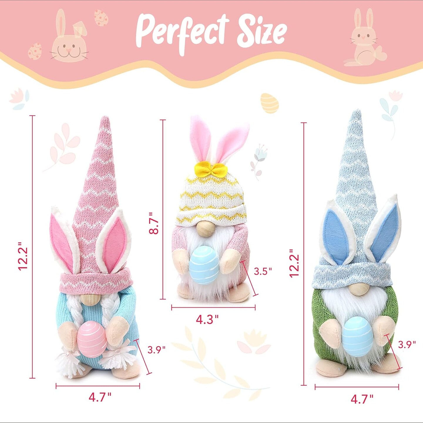 Easter Gnomes Plush Decoration, 3 PCS Spring Bunny Dolls with Egg Handmade