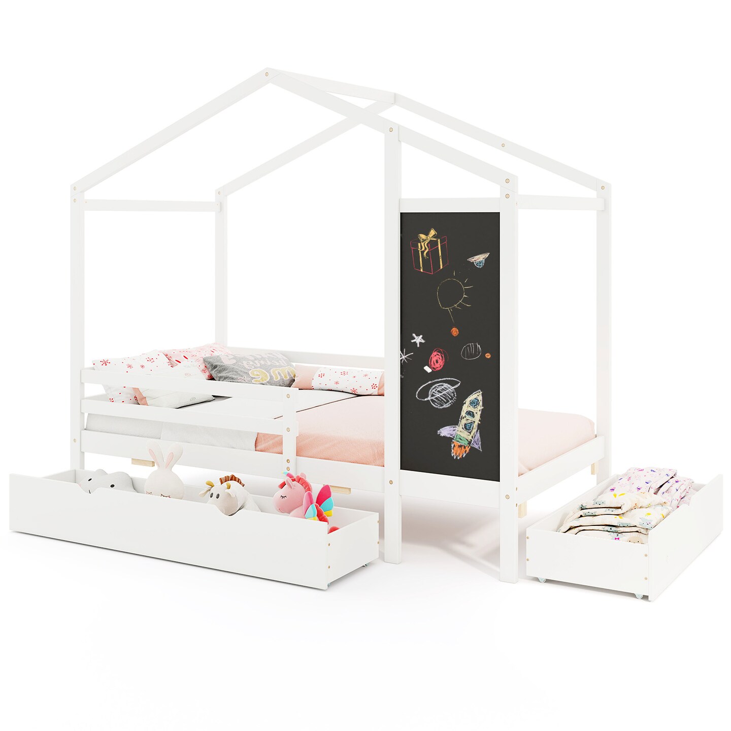 Wooden Twin House Bed with Storage Drawers Blackboard and Guardrails for Kids