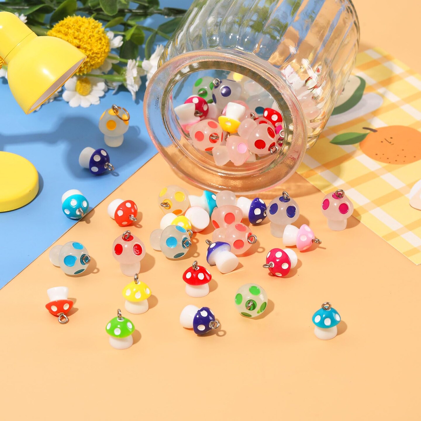 Charms, 64 Pcs Mushroom Resin Charm Beads Ornament Glow in The Dark Pendant for DIY Bracelet Necklace Jewelry Making