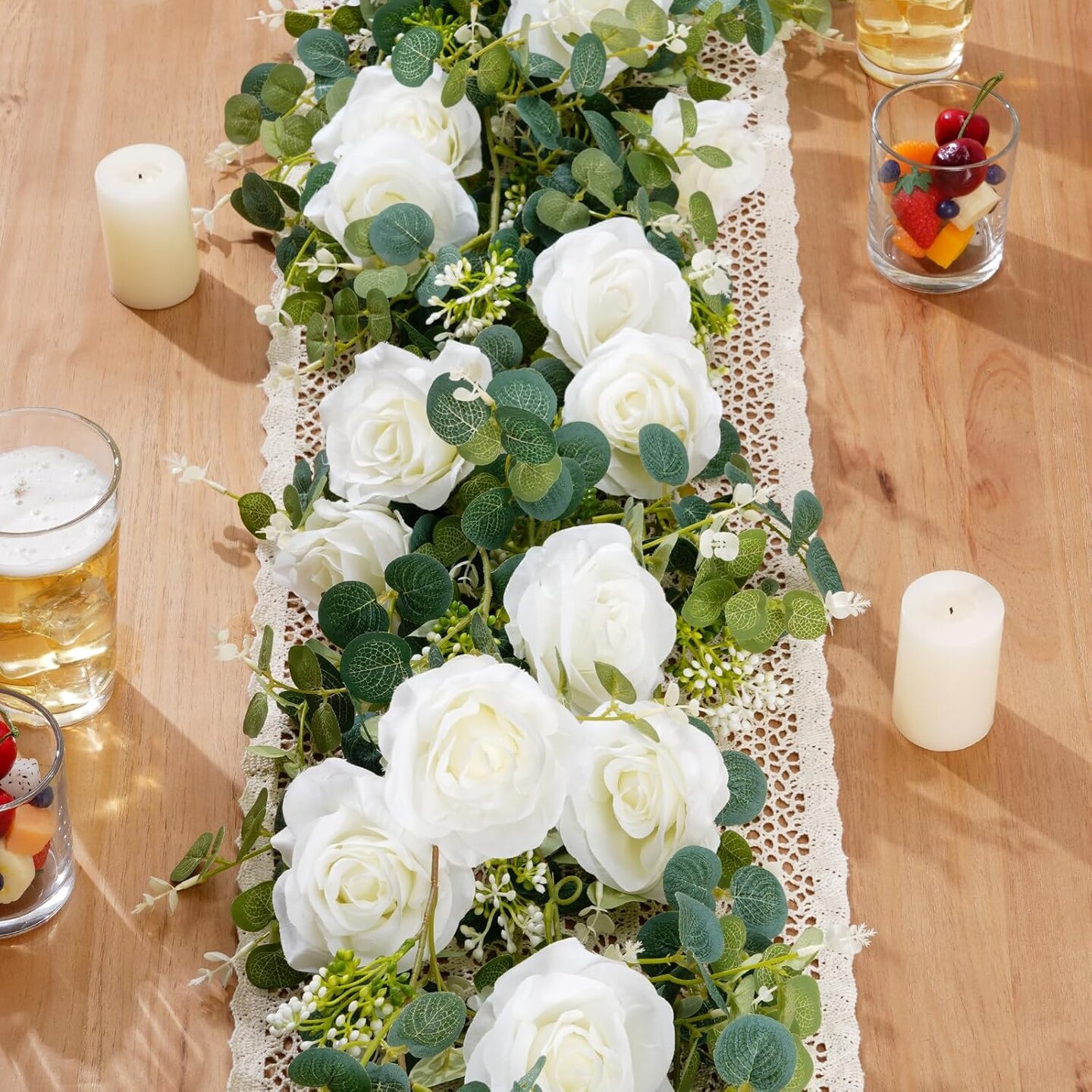 2 Pcs 13FT Artificial Eucalyptus Garland with Flowers, Rose Vine Flower Garland, Silk White Rose Garland Faux Floral Garland for Table, Wedding, Bedroom, Party, Wall Decor