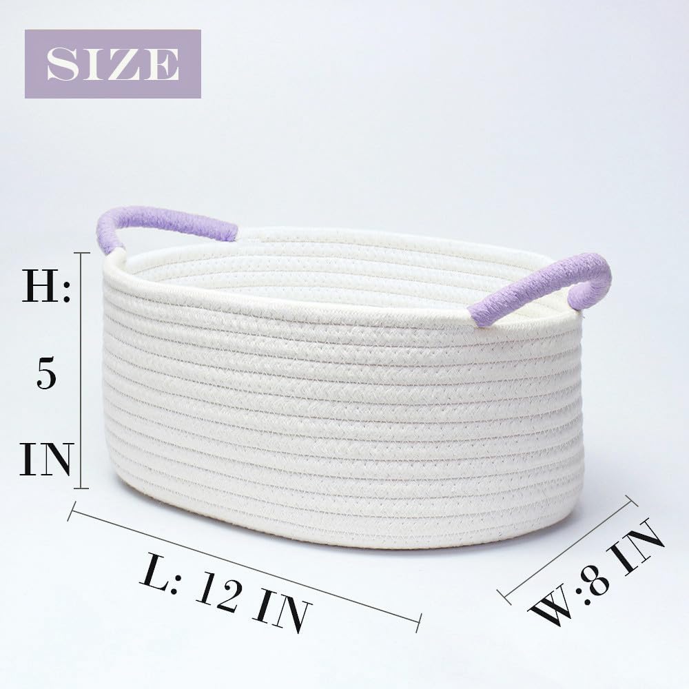 Empty Gift Baskets, Cute Woven Baskets for Storage, Small White Cotton Rope Baskets with Purple Handles for Women, Baby, Kid&#x2019;s, Pets Storage(Oval, 12&#x22;x 8&#x22;x 5&#x22;)