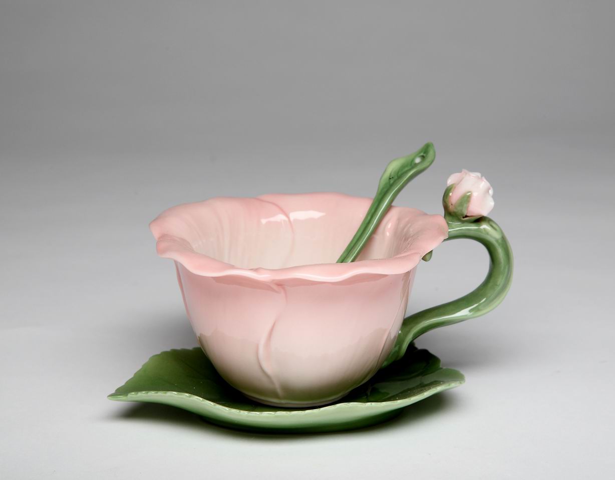 Ceramic Hibiscus Flower Cup and Saucer and Spoon-1 Set, Gift for Her, Gift for Mom, Gift for Friend or Coworker, Tea Party D&#xE9;cor, Caf&#xE9; Decor